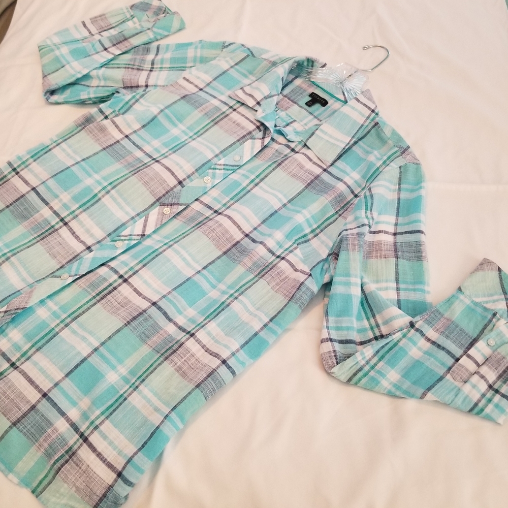 Talbots pastel plaid shirt, 100% crinkled cotton, lightweight, size XL